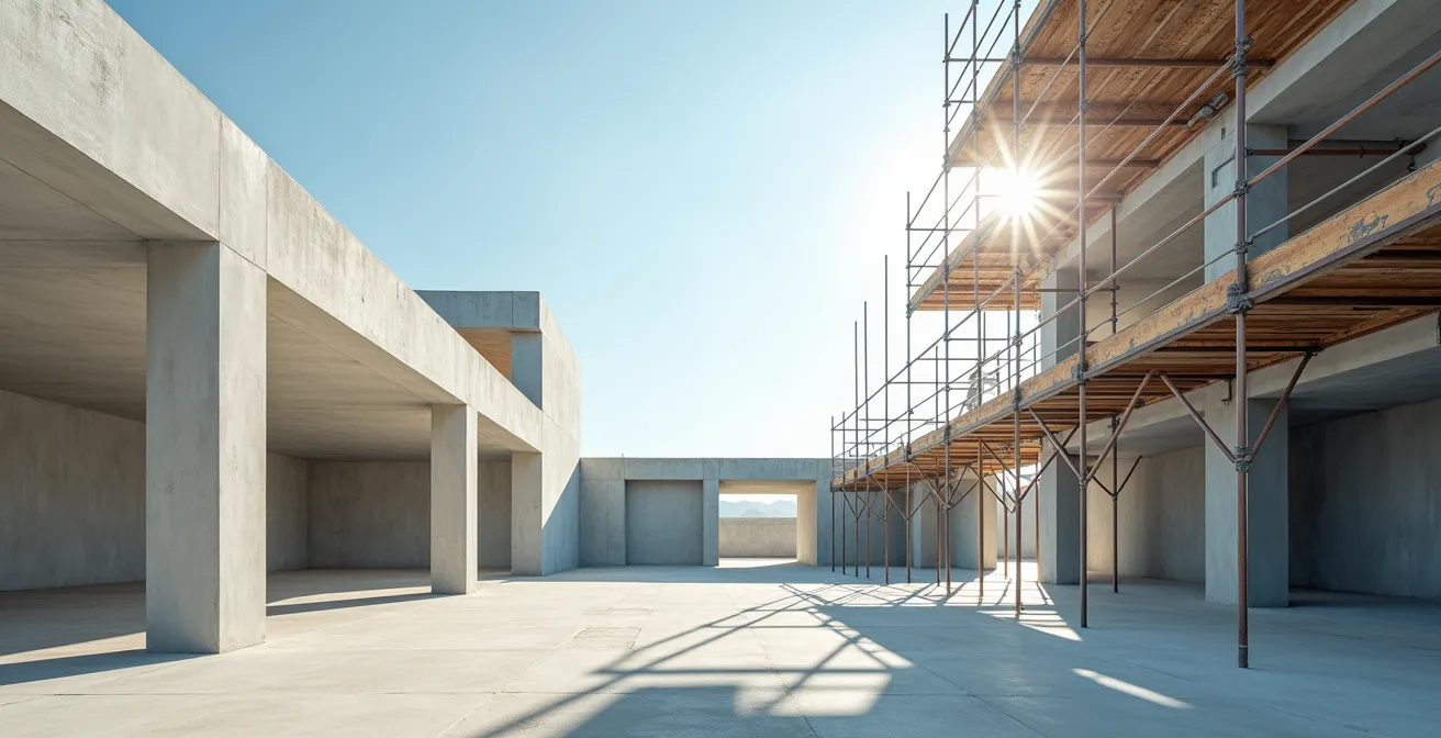 Vue architecturale épurée d'un chantier avec jeu de lumières et ombres