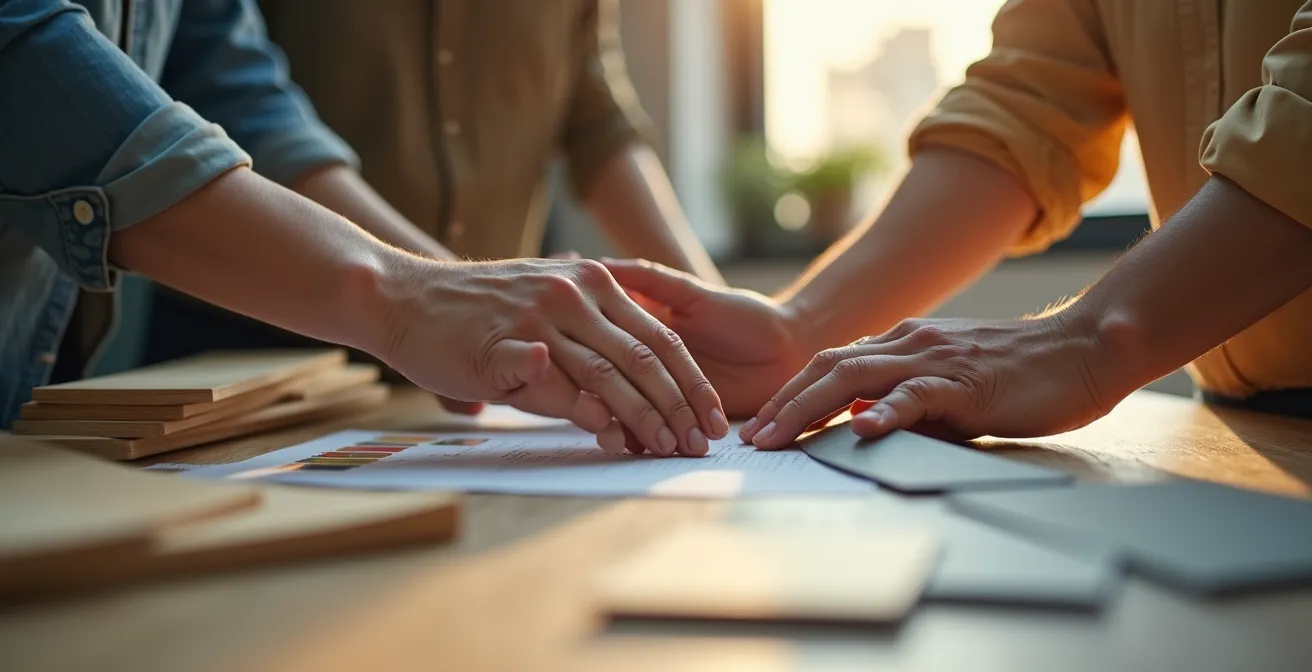 Mains posées sur une table de travail avec matériaux de construction