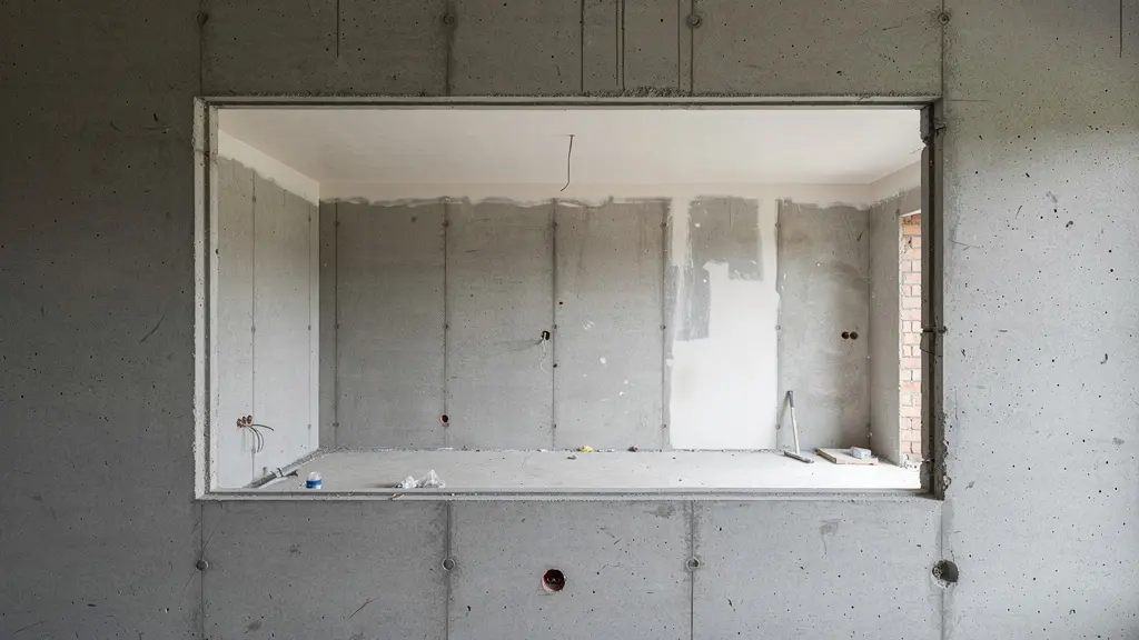 Ouverture rectangulaire nette découpée au sciage dans un mur béton épais