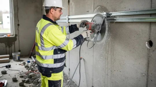 Technicien opérant une scie murale béton sur rails lors d'un chantier de rénovation